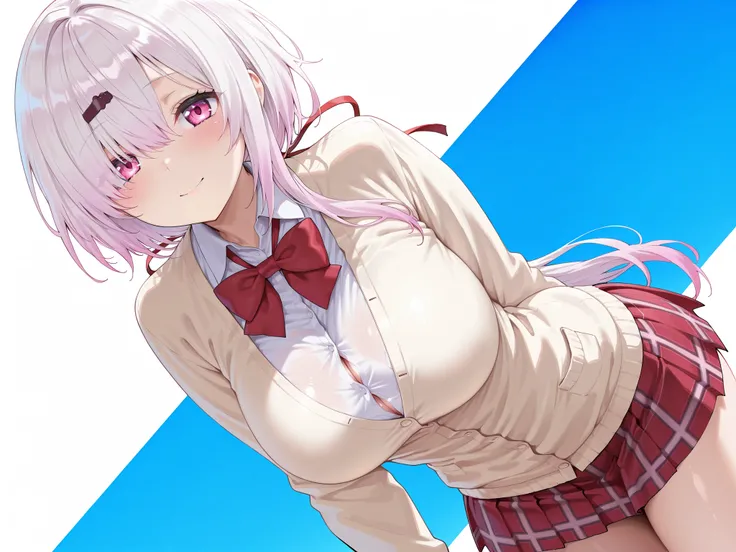 solo,masterpiece,best quality, amazing quality, highres, absurdres, very aesthetic, high resolution, ultra detailed, perfect details,nijiyuika,large breasts,pink eyes,gradient hair,light pink hair,white hair,round face,long hair,hair over one eye,low ponyt...