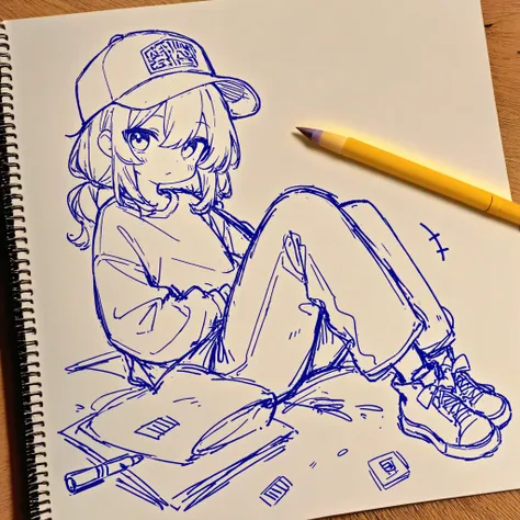 Baseball Cap , denim , jeans , background: rough textured paper, faint pencil lines, minimalist sketchbook style