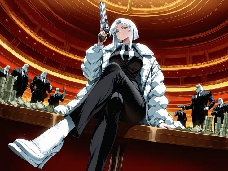 masterpiece, best quality, amazing quality, very aesthetic, foreshortening, 1 girl, gangboss, black business suit, white fur jacket, white shoes, white hair, smiling kindly, cross legs, holding white revolver gun in hands, kissing gun, sitting on table, sh...