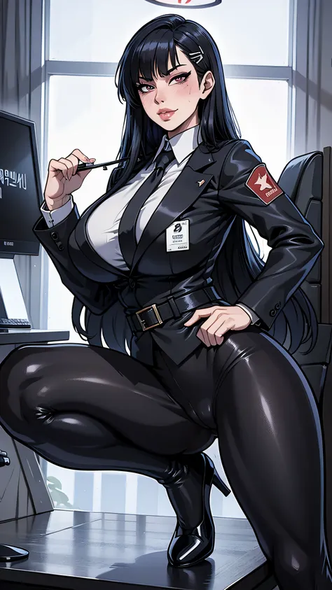 , (masterpiece), best quality, expressive eyes, perfect face, north korean, lips tongue, master hacker, dark black hair, henchwoman, hacking a computer, panels, technical expert, south korean security agent, k.u.f. terrorist group she, malana lea, tight la...