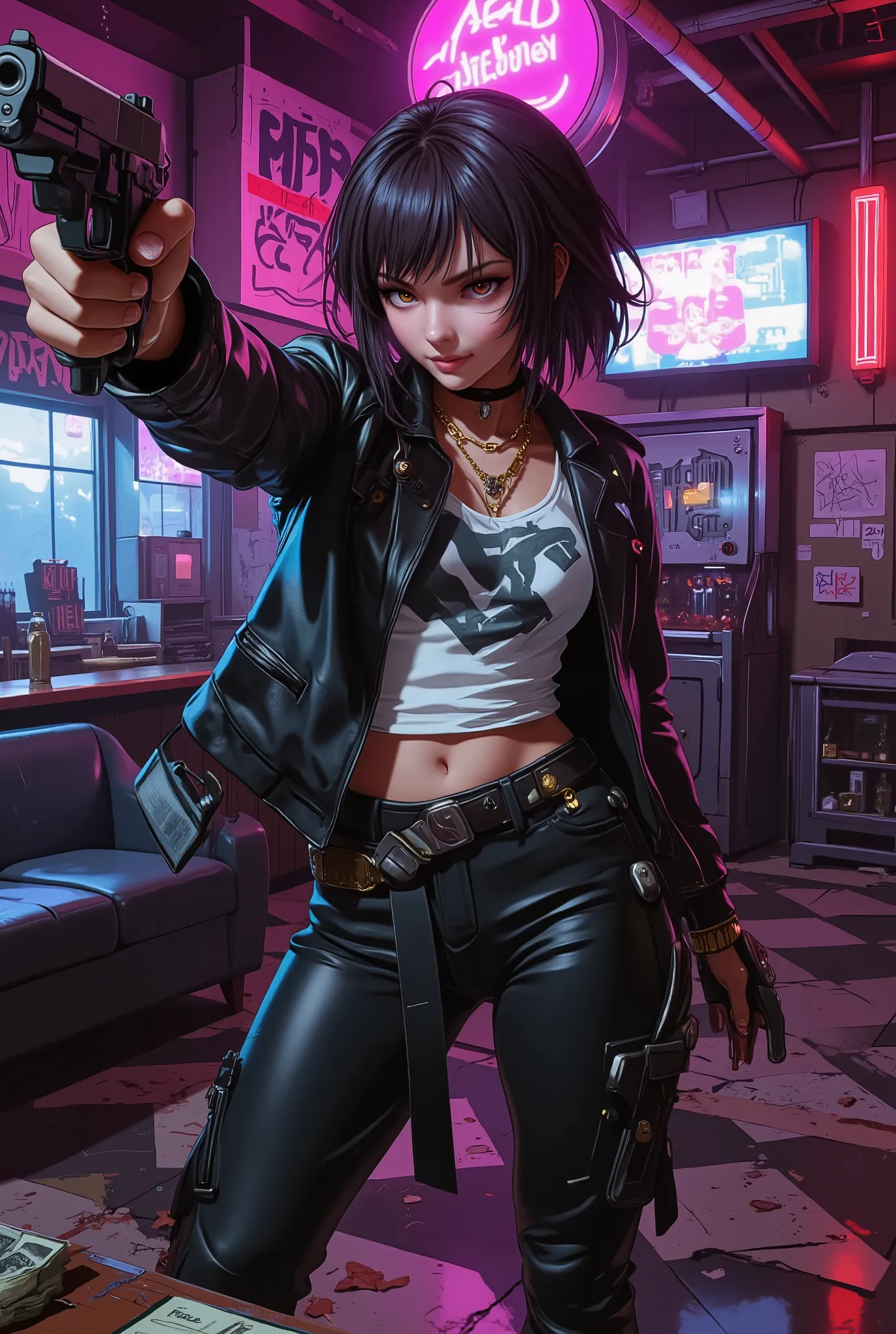 Epic GTA-style shootout scene: Realistic portrayal of a deceptively cute, bright young gangster girl, mafia boss, standing on a trashed nightclub bar. A young girl with expressive predatory eyes and a sweet smile, dressed in an expensive leather jacket, ti...