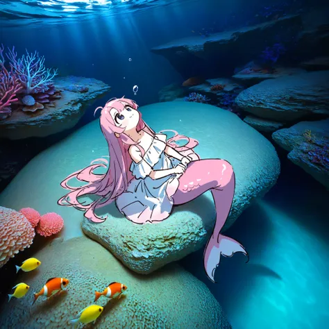smile,beautiful pink mermaid with flowing long hair, shimmering fish tail, elegant posture, seashell accessories, soft expression, looking upward, underwater lighting,
photo background: deep ocean scene, shafts of light piercing from above, coral reefs an...
