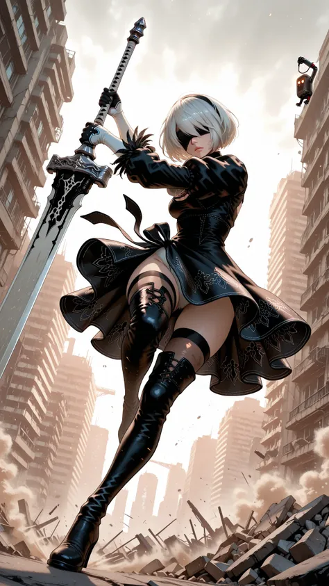 General,1girl, silver bob cut hair, black gothic dress with thigh-high boots (2B from NieR Automata style), wielding a greatsword, dynamic pose,  
trk,ruined cityscape background, rubble and sunset lighting with dust,  
low angle, emphasizes legs, dramatic composition,  
BREAK,ray tracing, UHD, retina, masterpiece, accurate, anatomically correct, textured skin, super detail, high details, high quality, best quality, highres, 1080P, HD, 16k
