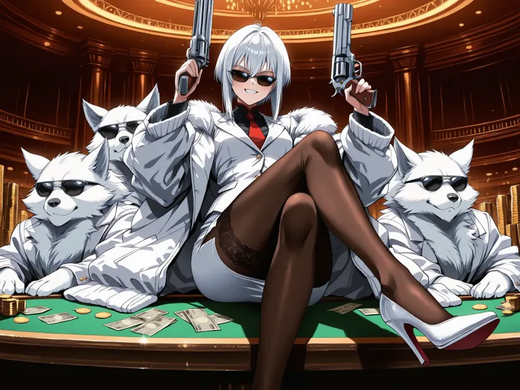 masterpiece, best quality, amazing quality, very aesthetic, foreshortening, 1 girl, gangboss, white business suit, small breast, ((luxurious white fur jacket)), red tie, tight skirt, black lace tights, white shoes, white hair, smiling kindly, sunglasses, c...
