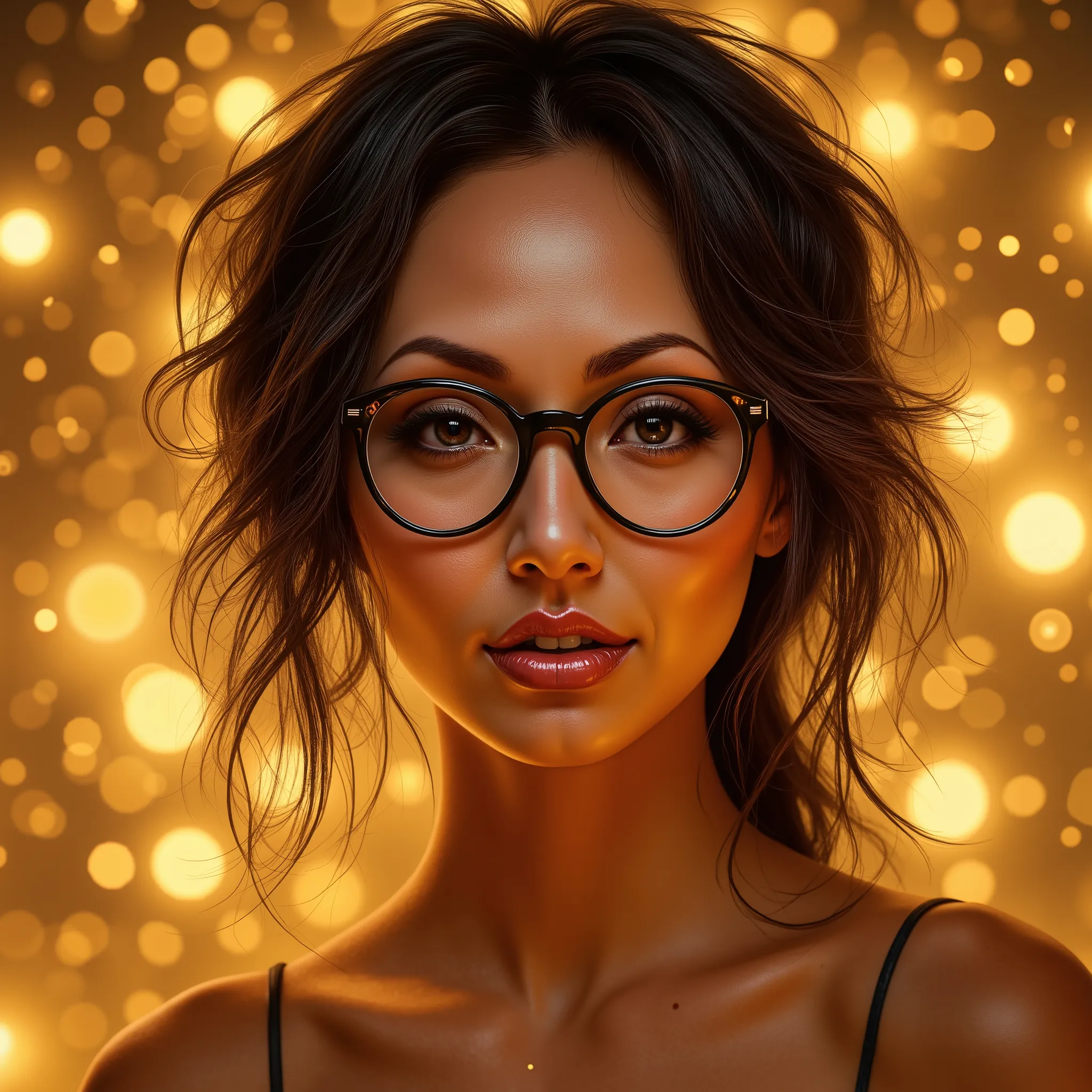  A glamorous woman with tousled waves and a flirtatious smile, glasses, set against a luxurious, opulent gold backdrop, adorned with fractal patterns.