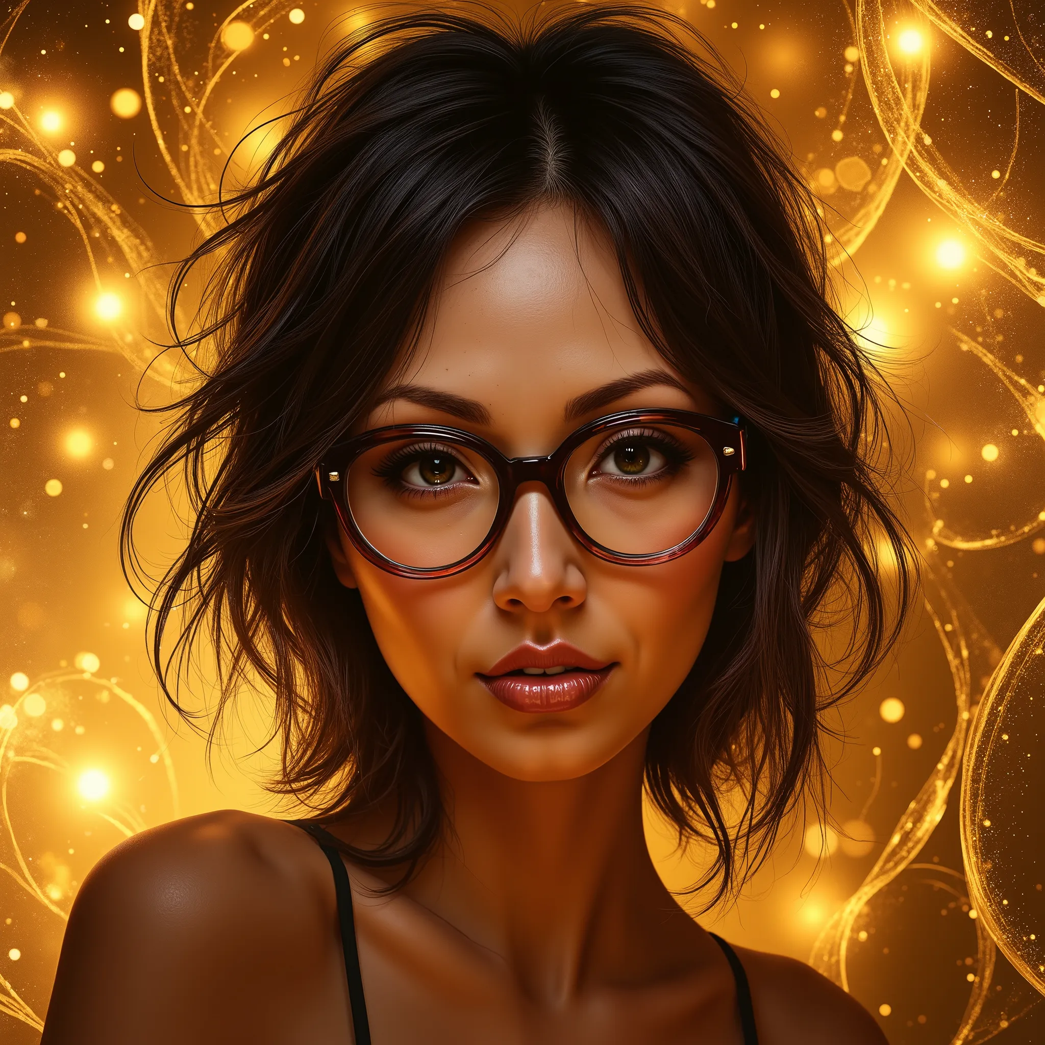  A glamorous woman with tousled waves and a flirtatious smile, glasses, set against a luxurious, opulent gold backdrop, adorned with fractal patterns.