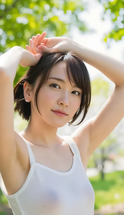photorealistic，Ultra High Accuracy，top quality，top quality，8k，raw photo，very detailed， Ultra Fine ，( very cute japanese girl)，full body，1 person，facing the front， Early morning forest ， bright sunlight shines in，backlight， white simple micro mini dress， tr...