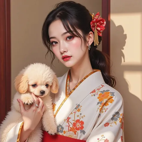 A cute toy poodle puppy,Beautiful fur、穿着日本和服的女性Portrait、Touching the head of a toy poodle with gentle hands、A quiet smile in comics、expresses beauty and strong feelings、Portrait of a woman in a Japanese kimono with an extremely detailed pattern、有着美丽闪亮黑眼睛的日...