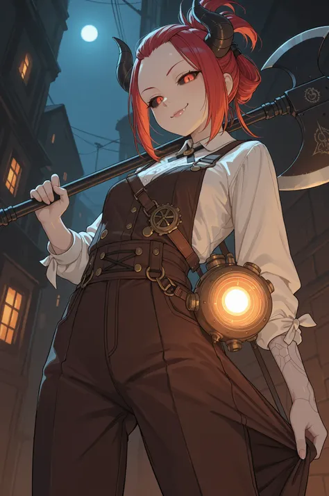 Best quality, score_9, score_8_up, score_7_up, HD, HDR, 4k, night, low angle view, bombat dynamic pose, drop shadow 1.5,

1girl, twenty years old, demon, steampunk clothes style, (pants), battle axe 

A sleek and stylish hairstyle with red warm shiny hair ...