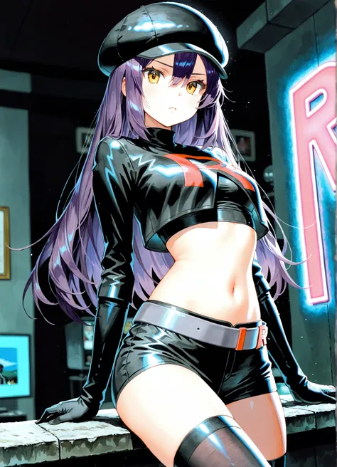 1girl, Nyann, long hair, yellow eyes, dark purple hair, hair between eyes, black cropped cap,midriff tops, navel,depth of field, fake traditional media, Picturesque, Impressionism, masterpiece, high score,  Great score , very high resolution highlights (ma...