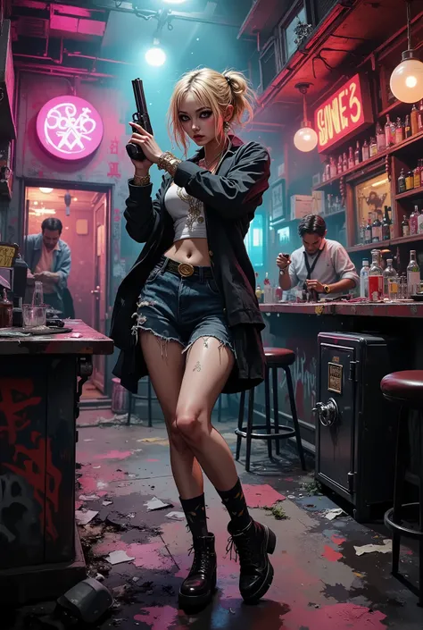 Epic GTA-style shootout scene: Realistic portrayal of a deceptively cute, bright young gangster girl, mafia boss, standing on a trashed nightclub bar. A young blonde girl with expressive predatory eyes and a sugary smile, secretly dressed in Harajuku style...