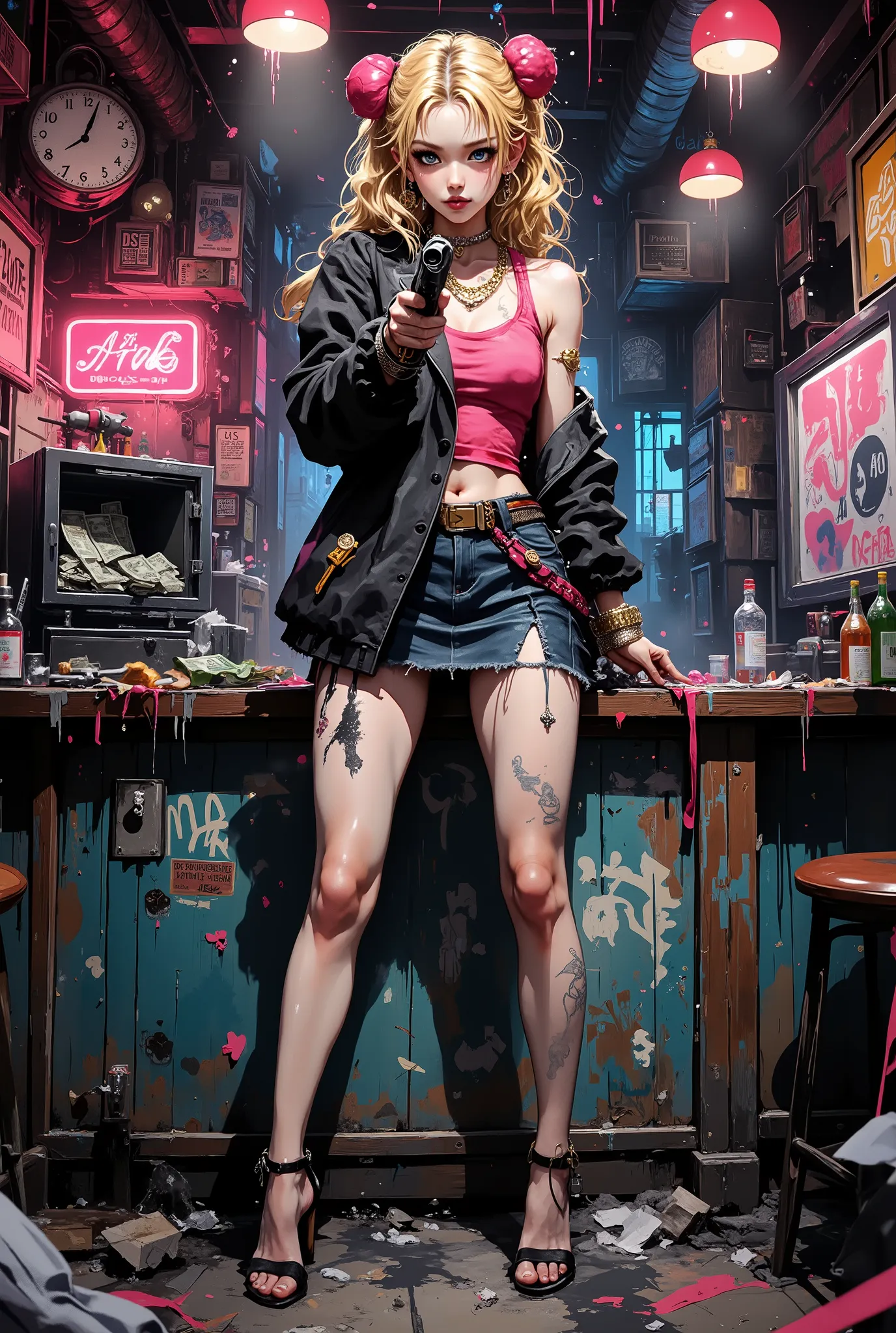 Epic GTA-style shootout scene: Realistic portrayal of a deceptively cute, bright young gangster girl, mafia boss, standing on a trashed nightclub bar. A young blonde girl with expressive predatory eyes and a sugary smile, secretly dressed in Harajuku style...