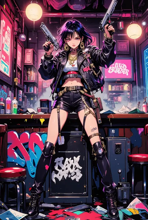 Epic GTA-style shootout scene: Realistic portrayal of a deceptively cute, vibrant young gangster girl, mafia boss, standing on a trashed nightclub bar. A young girl with expressive predatory eyes and a sugary smile, secretly dressed in Harajuku style, poin...