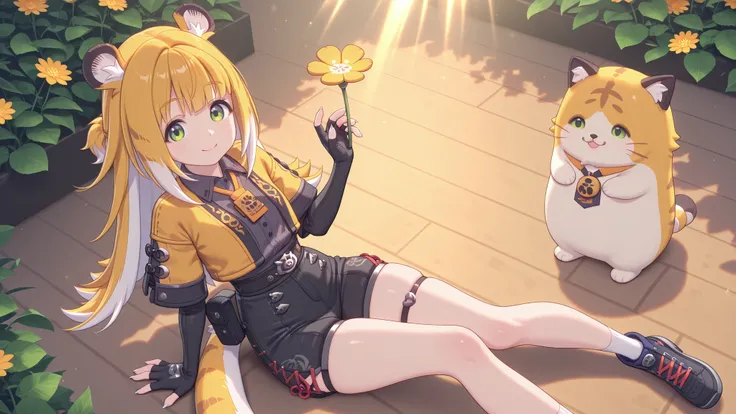 shiny skin, Posing,
JuFuFu,
Shine, Shine, sun beam, flowers on the background , fat cat sitting in the background
high angle, looks at the viewer,
sweet smile, shows claws,