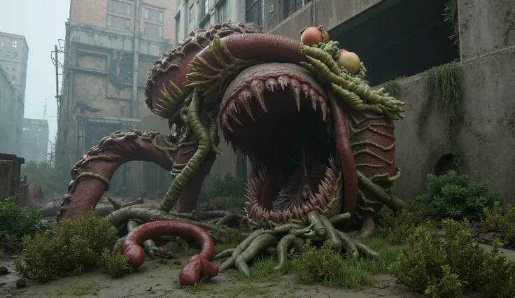 Post-apocalyptic carnivorous plant in 3D video game style, towering and mutated, with rust-colored leaves, glowing toxic sacs, and twisted roots breaking through cracked concrete. The plant has a massive gaping maw with metallic teeth and grabs prey with f...