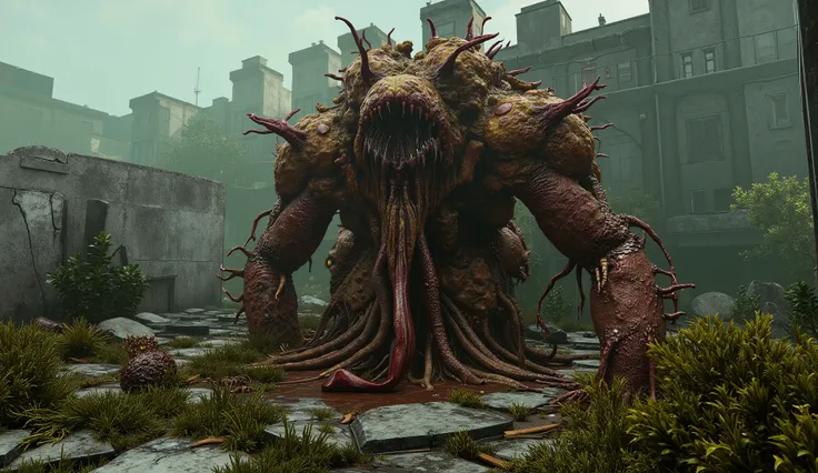 Post-apocalyptic carnivorous plant in 3D video game style, towering and mutated, with rust-colored leaves, glowing toxic sacs, and twisted roots breaking through cracked concrete. The plant has a massive gaping maw with metallic teeth and grabs prey with f...