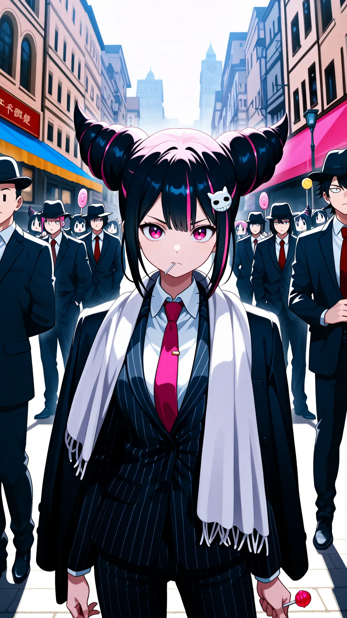 [theme]Cowboy style photo of a single gang leader |
[字符] Girl in suit、
black hair pink hair, streaked hair, hair horns, pink eyes, hair ornament, 
Dark striped suit ，long white shawl with a hand holding a red lollipop、white shirt and red tie、black jacket o...