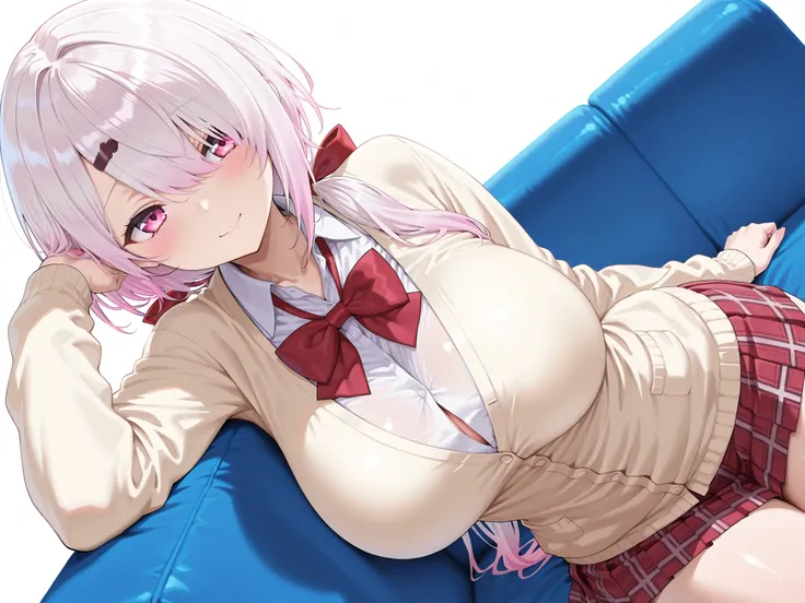 solo,masterpiece,best quality, amazing quality, highres, absurdres, very aesthetic, high resolution, ultra detailed, perfect details,nijiyuika,large breasts,pink eyes,gradient hair,light pink hair,white hair,round face,long hair,hair over one eye,low ponyt...