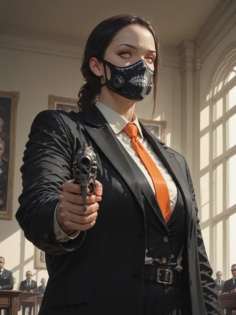 girl, Mafia leader, revolver in hand , mafia clothes, domineering posture , detailed study, realistic, 4k, High quality, HDR, profesional, realistically rendered, mafia boss, woman, revolver, mafia outfit, authoritative pose, intricate details, cinematic ...