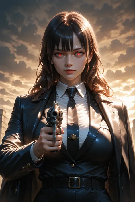 girl, Mafia leader, revolver in hand , mafia clothes, domineering posture , detailed study, realistic, 4k, High quality, HDR, professional lighting, amazing detail, фотоrealistic, deep sharpness, rich colors, cloudy atmosphere, mafia environment, Crime th...