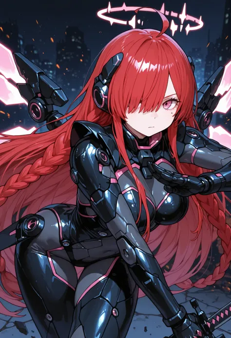 Full figure, 1girl human wear a futuristic cyber armor-suit armed with two light-swords, pose action, looking at viewer, break halo, mechanical  cyber wings, mole under eye, pink eyes, hair over right eye, red hair, double braid, ahoge,very long  hair, Ise...