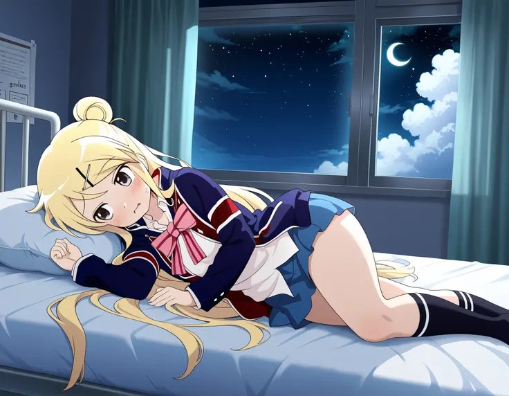 1girl , unwellness(autonomic nervous system disorder and depression) thick thighs Kujou Karen very long hair , blonde hair , single hair bun , hairclip , x hair ornament , sidelocks , side swept bangs , black eyes , white shirt , collared shirt , union jac...