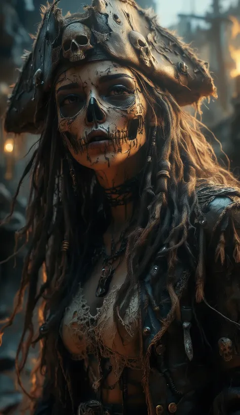 Realistic, Masterpiece, 32k, A young woman, likely in her late teens or early twenties, with dark brown dreadlocks, wearing a detailed pirate-inspired costume. The costume includes a weathered, brown pirate hat adorned with skull motifs, a cream-colored...