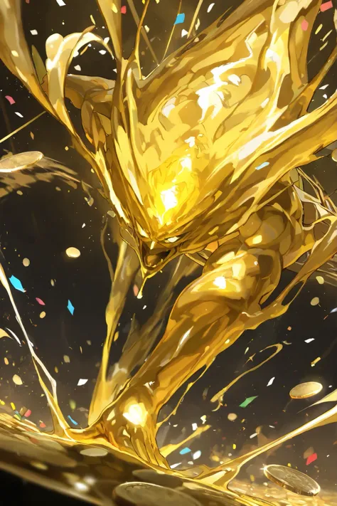masterpiece, best quality,1 gold color's slime monster
,best quality,heroic pose,dynamic angle,dynamic background,with epic confetti effect, high angle shot,like CCTV footage, money burst of effects radiating from the center, outward flow of magic or ...