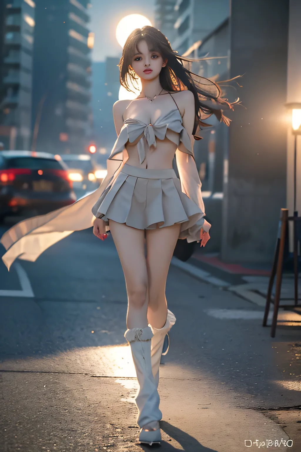 wearing y2k fashion,legwarmers ,,((full body, from below)), (masterpiece, best quality, ultra-detailed, 8k), realistic, a beautiful sexy long-legged model ((Random scene)), ((Random posture)), (I-type Valley), (Full breasts, visible cleavage, very short sk...