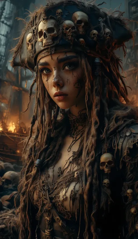 Realistic, Masterpiece, 32k, A young woman, likely in her late teens or early twenties, with dark brown dreadlocks, wearing a detailed pirate-inspired costume. The costume includes a weathered, brown pirate hat adorned with skull motifs, a cream-colored...