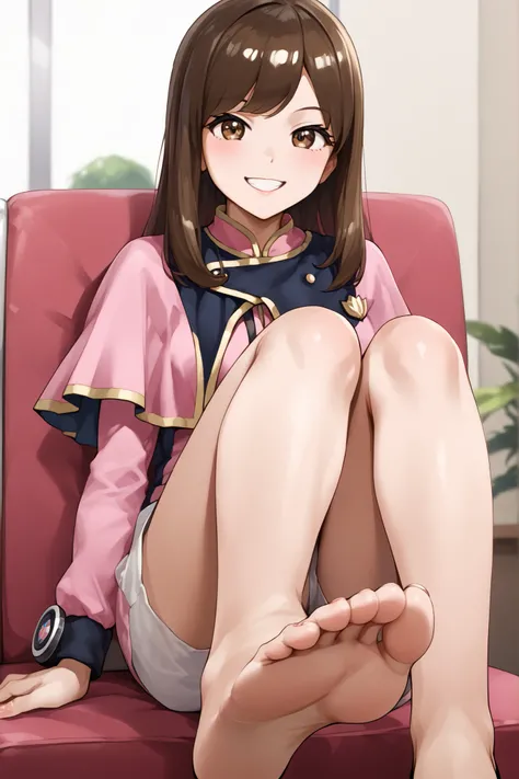 feet,1girl, solo, brown hair, long hair, smile, shorts, uniform, capelet, brown eyes, white shorts,sayooharu,Anime girl sitting on a chair with 大きな足 and pink shirt, Huge Art, フットアート POV, 詳細な足のPOV, 大きな足, 足のポーズ, ティファ, フットアート, !!非常に詳細な!!, 彼女のほっそりとした脚はあなたを驚かせる...