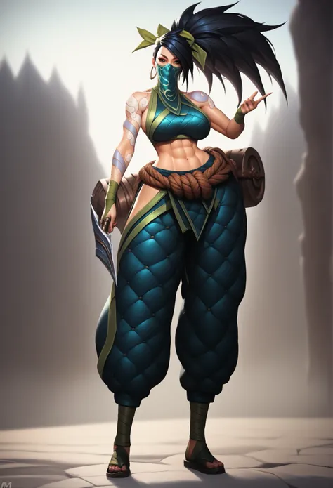 Akali League of Legends,  Athletic body, Her hair is long and black, always tied in a high ponytail, Without mask, brown-haired European woman, ULTRA REALISTIC, tattoo on my arm, beautiful face , stand, full body, front view, white hair, long white hair, t...