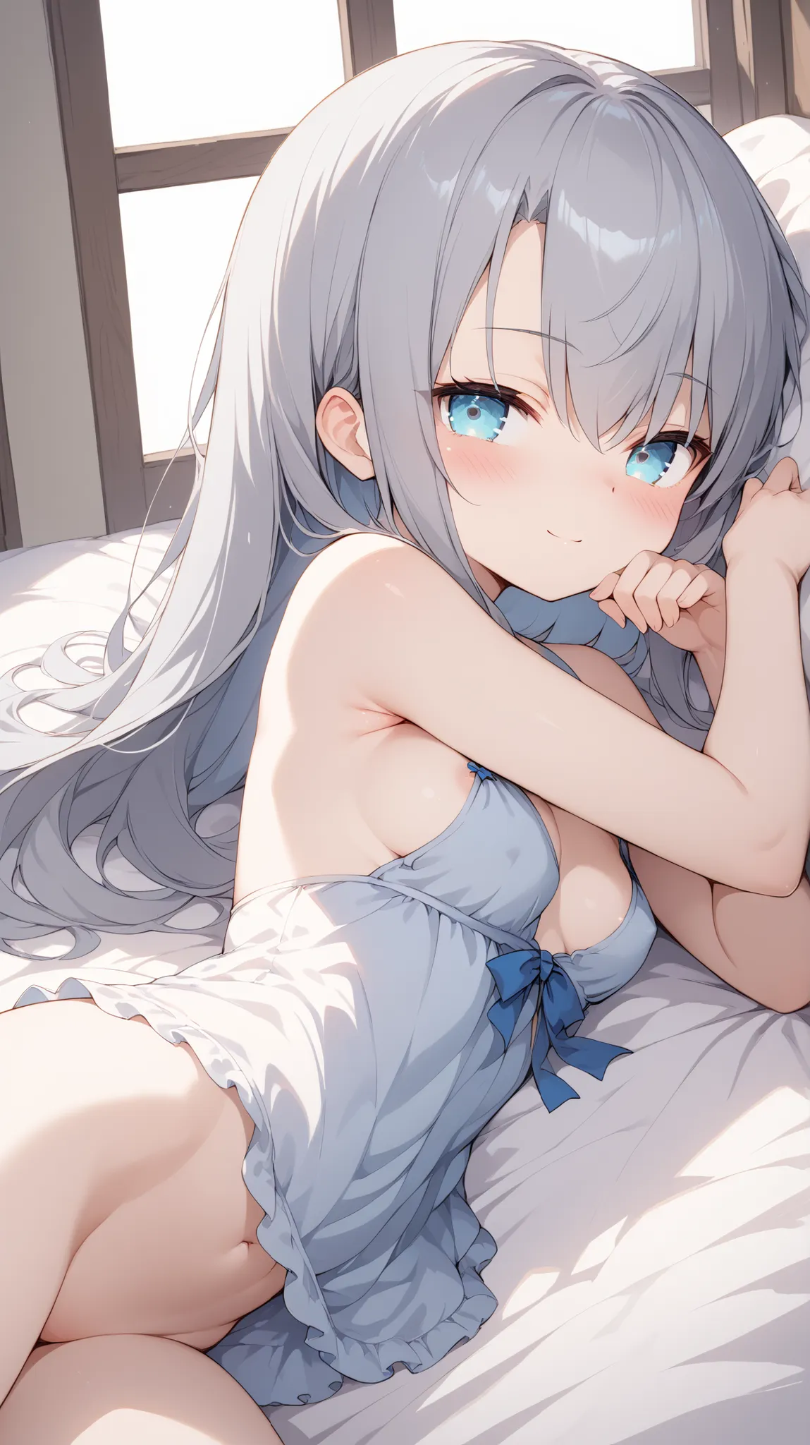 gray hair　 blue eyes　 small breasts　long hair　stupid hair　Alone,  I can see my eyebrows through my hair,  hair between eyes ,  staring at the viewer, masterpiece,  top quality , indoor　 bed　lie on bed　 close his mouth　blush　smile　morning、Chun  　after that　...