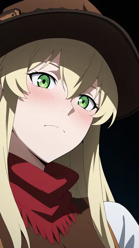 masterpiece, best quality, newest, absurdres, very aesthetic, Doya, 1girl, solo,

Close-up, face only, view from below,

(blonde hair, long hair, bangs between eyes, sidelocks), green eyes,

(brown wide-brim hat), brown vest, white undershirt, (red scarf, ...