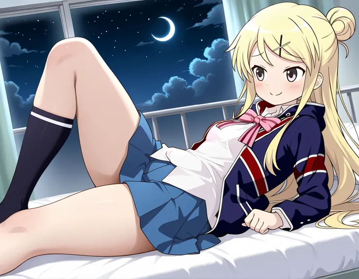 1girl , unwellness(autonomic nervous system disorder and depression) smile thick thighs Kujou Karen very long hair , blonde hair , single hair bun , hairclip , x hair ornament , sidelocks , side swept bangs , black eyes , white shirt , collared shirt , uni...