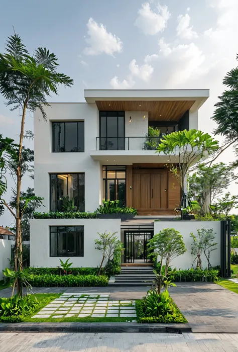 Masterpiece, high-end, best quality, authentic, super detailed, outdoor, aiaigroup, neoclassical villa style, stairs, white walls combined with conwood, wind encaustic tiles, green tiles, iron gates, conwood ceilings , flowers, path, summer evening, grass,...