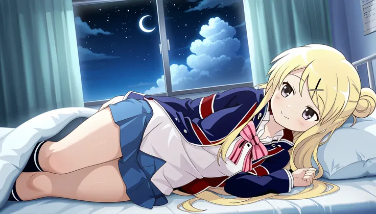 1girl , unwellness(autonomic nervous system disorder and depression) smile thick thighs Kujou Karen very long hair , blonde hair , single hair bun , hairclip , x hair ornament , sidelocks , side swept bangs , black eyes , white shirt , collared shirt , uni...