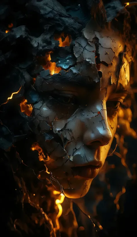 Realistic, Masterpiece, 32k, Close-up portrait of a young adult, likely female, with a deeply textured and distressed face.  The skin appears cracked and scarred, like dried earth or volcanic rock, with visible lightning-like fissures and golden light eman...