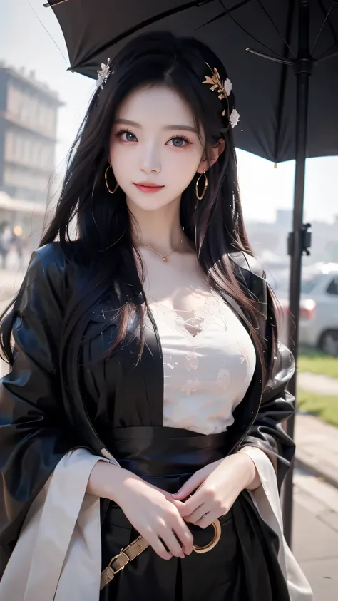 Masterpiece, Top best Quality, 4K, super definition, Realistic, Light real, major, Vivid Color, dimpled depth of field, night, rain, japanese girl, Black Gothic costume, holding lace umbrella, Arrogant pose, Anime Dark Gothic style, confidence, Gangster st...