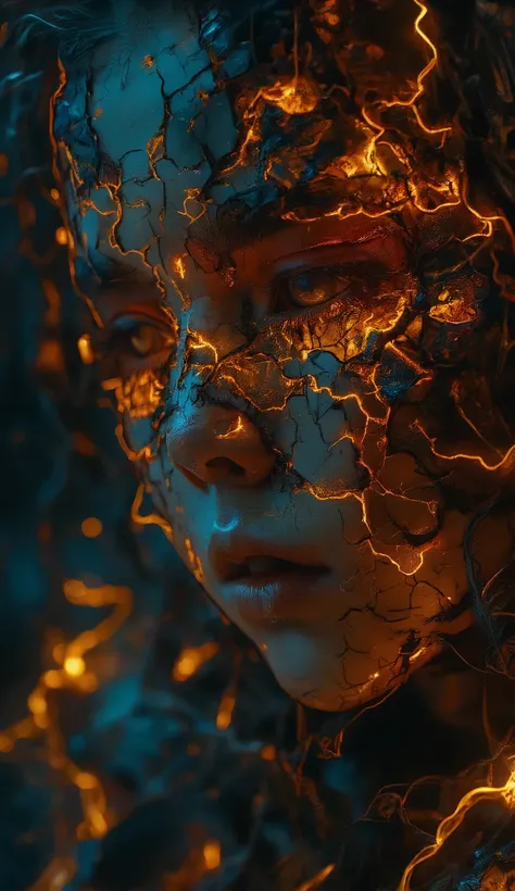 Realistic, Masterpiece, 32k, Close-up portrait of a young adult, likely female, with a deeply textured and distressed face. The skin appears cracked and scarred, like dried earth or volcanic rock, with visible lightning-like fissures and golden light eman...