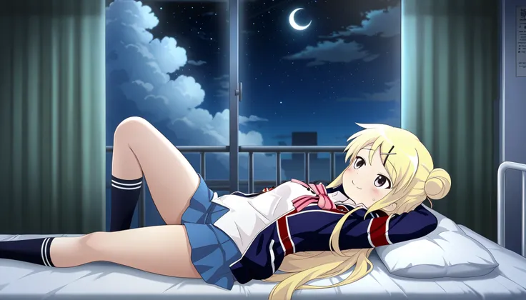 1girl , unwellness(autonomic nervous system disorder and depression) smile thick thighs Kujou Karen very long hair , blonde hair , single hair bun , hairclip , x hair ornament , sidelocks , side swept bangs , black eyes , white shirt , collared shirt , uni...