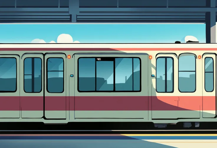 masterpiece, cartoon style, morning, in station, train, train rush, big town, from side view, 
