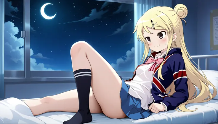 1girl , unwellness(autonomic nervous system disorder and depression) smile thick thighs Kujou Karen very long hair , blonde hair , single hair bun , hairclip , x hair ornament , sidelocks , side swept bangs , black eyes , white shirt , collared shirt , uni...