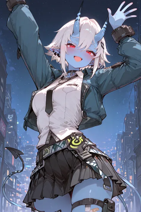 masterpiece, best quality, amazing quality, very aesthetic, absurdres,  newest,
EBSoukaku, 1girl, solo, medium breasts, short hair, red eyes, hair between eyes, white hair, sidelocks, earrings, horns, pointy ears, hairclip, piercing, demon girl, ear piercing, bandaid on leg, demon tail, oni, blue skin, skin-covered horns, blue horns, jaggy lines, 
long sleeves, jewelry, white shirt, pleated skirt, necktie, collared shirt, black skirt, miniskirt, open jacket, thigh strap, chain, blue jacket, black necktie, cropped jacket, zipper pull tab, belt pouch, thigh pouch, choker, cuffs, outdoors, city, night sky, arm up, waving, open mouth, smile, happy, blush, upper body, close-up, 
(colorful), masterpiece, best quality, amazing quality, very aesthetic, absurdres,  newest,手を繋ぐ,from avobe,