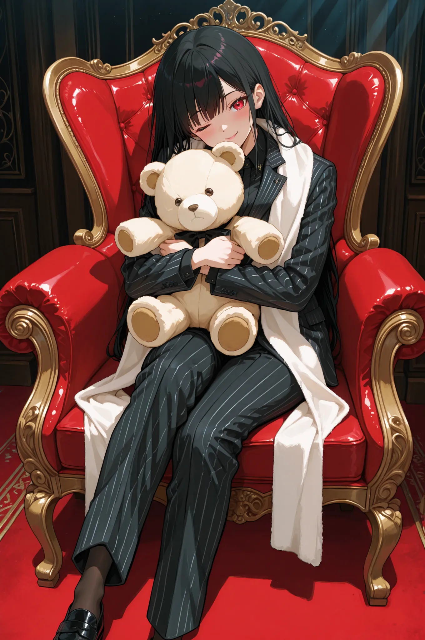winking, wink, A young girl who is the boss of a powerful gang, wearing an oversized black pinstripe suit that looks too big for her, with a fluffy white stole around her neck. She sits confidently on a luxurious chair, hugging a teddy bear tightly in her ...