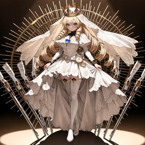 masterpiece, 最高masterpiece, Very Detailed:1.2, 8k Resolution, (High key lighting, Front Light, Subtle Shadows), Very spacious々a chapel with a drapery look , (solo), blond hair, (((Twin Drill Hair))) , royal crown, とても長いVeil, {Veil :1.3}, { アンティークアラベスクVe...