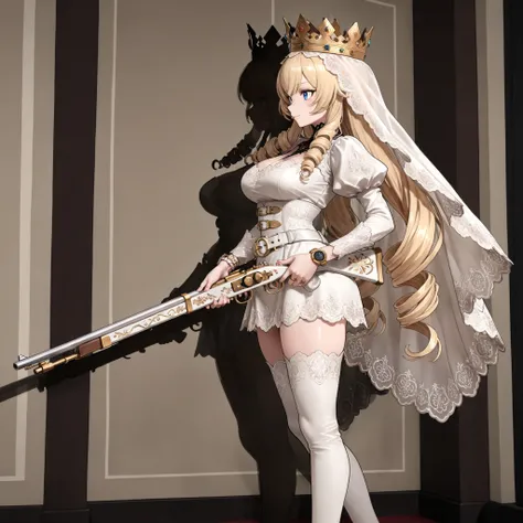 masterpiece, 最高masterpiece, Very Detailed:1.2, 8k Resolution, (High key lighting, Front Light, Subtle Shadows), Very spacious々a chapel with a drapery look , (solo), blond hair, (((Twin Drill Hair))) , royal crown, とても長いVeil, {Veil :1.3}, { アンティークアラベスクVe...