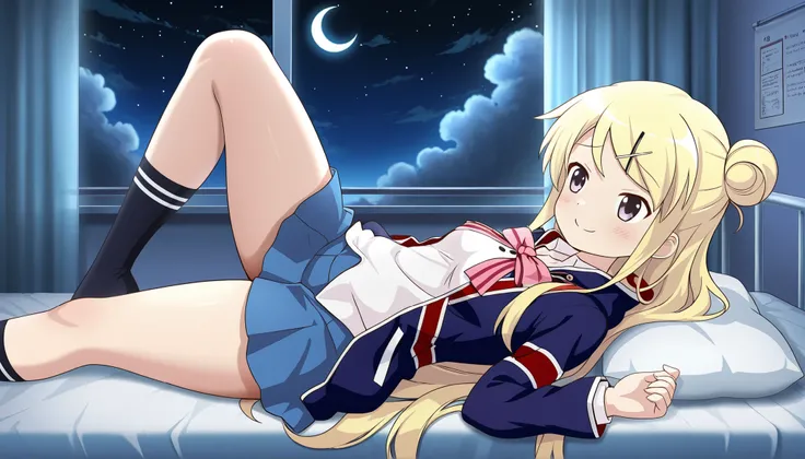 1girl , unwellness(autonomic nervous system disorder and depression) smile thick thighs Kujou Karen very long hair , blonde hair , single hair bun , hairclip , x hair ornament , sidelocks , side swept bangs , black eyes , white shirt , collared shirt , uni...