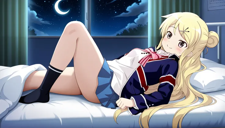 1girl , unwellness(autonomic nervous system disorder and depression) smile thick thighs Kujou Karen very long hair , blonde hair , single hair bun , hairclip , x hair ornament , sidelocks , side swept bangs , black eyes , white shirt , collared shirt , uni...