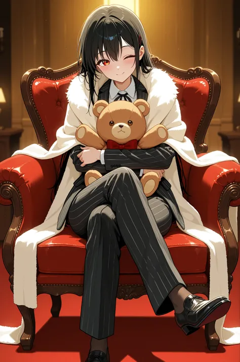 winking, wink, A young girl who is the boss of a powerful gang, wearing an oversized black pinstripe suit that looks too big for her, with a fluffy white stole around her neck. She sits confidently on a luxurious chair, hugging a teddy bear tightly in her ...